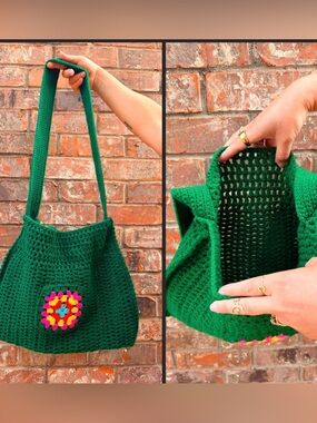 Handmade Green Crochet Shoulder Bag with Colorful Flower Accent